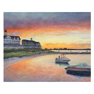 Dipinto ad acquerello - Arrivo al tramonto - Stampa giclée - Tramonto colorato, arte del Rhode Island