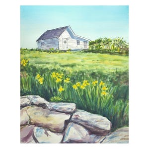 Acquerello - Island Daffodil Hill - Stampa giclée - Scena di Block Island con fiori