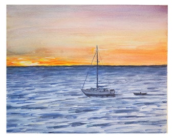 Watercolor Painting - Sunset Sail in the Block Island Sound - Giclee Print - Seascape Sailboat