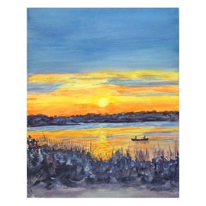 Dipinto ad acquerello - Gita in canoa al tramonto nella baia - Stampa giclée - Scenario acquatico del Rhode Island