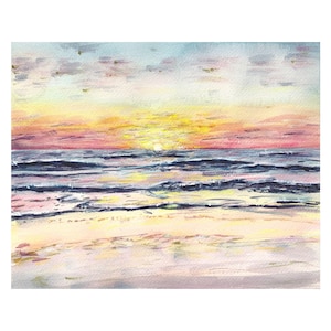 Pittura ad acquerello - Alba sulla costa orientale - Stampa giclée - Sole colorato sull'Oceano Atlantico art