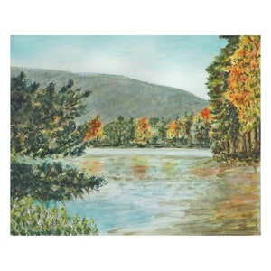Watercolor Painting - Londonderry&#39;s Lowell Lake - Giclee Print - Fall foliage in Vermont state park art