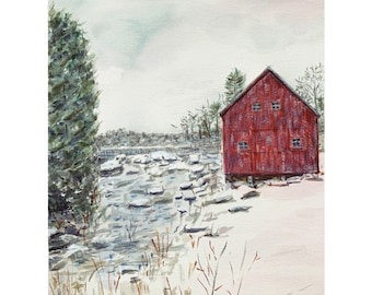 Pintura em aquarela - Buttermilk Falls - Impressão giclée - Paisagem de inverno com celeiro vermelho e arte de paisagem fluvial
