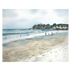 Pittura ad acquerello - Narragansett Surf - Stampa giclée - Vista della casa della guardia costiera e dei surfisti - Seascape Beachscape Rhode Island