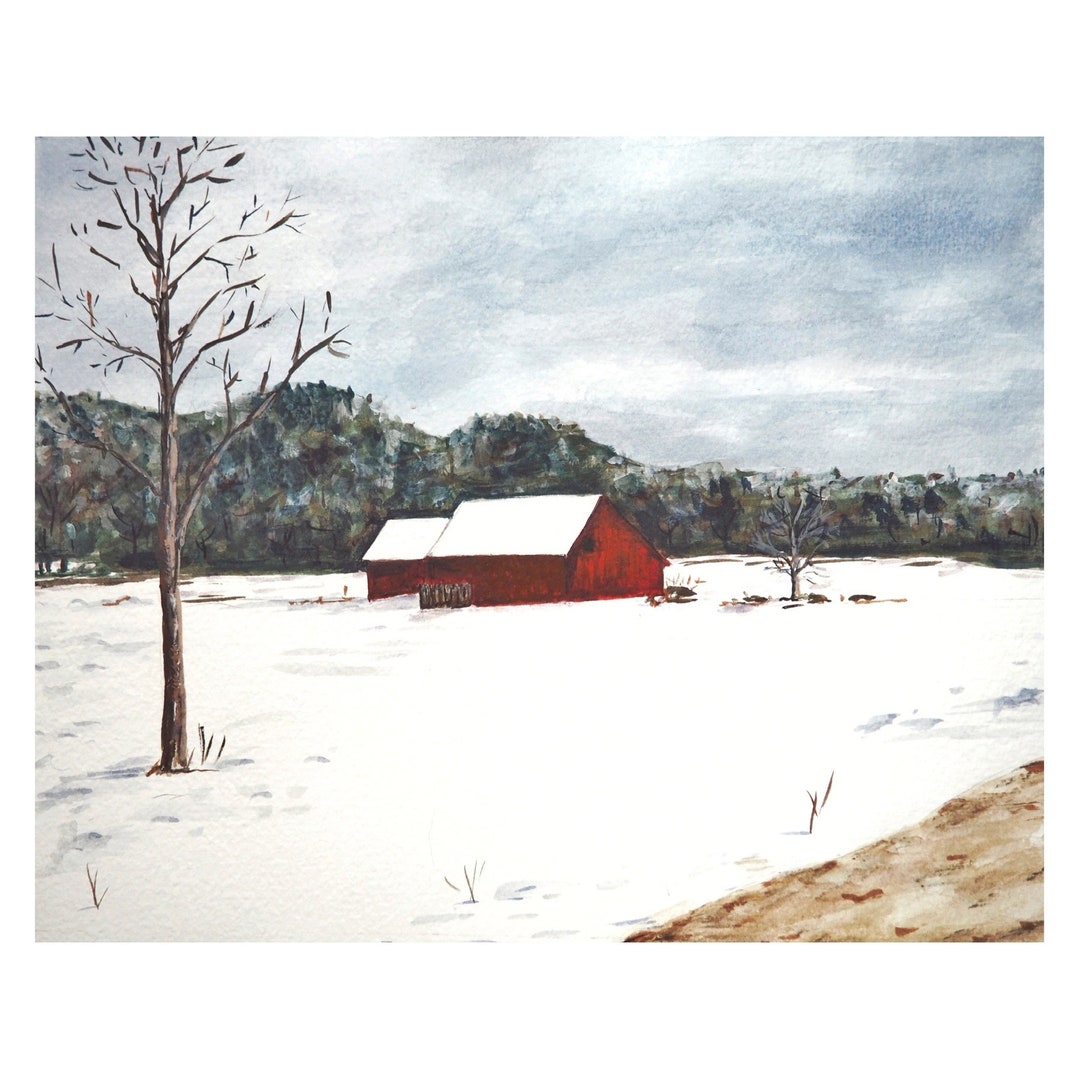 Watercolor Painting - Driscoll Snow Barn - Giclee Print - Winter ...