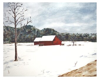 Pintura em aquarela - Driscoll Snow Barn - Impressão giclée - Paisagem de inverno com arte Red Barn