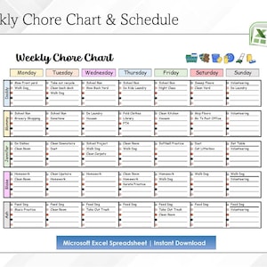 Editable Excel Weekly Family Chore Chart, Printable Family Planner, Family Schedule, Family Calendar, For Kids, Adults, and Entire Household
