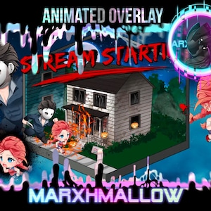 Puede incluir: Superposición animada para una transmisión en vivo con una casa en llamas, personajes corriendo y el texto "STREAM STARTING" en rojo. La superposición está en un esquema de color azul oscuro y negro con acentos rosa y azul. El texto "MARXHMALLOW" está en la parte inferior de la imagen.
