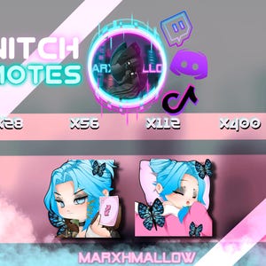 May include: Digital Twitch emotes featuring a blue-haired anime character with butterfly accents. The emotes include various expressions and are available in different sizes, with the text "TWITCH EMOTES" and the seller's name "MARXHMALLOW" displayed.