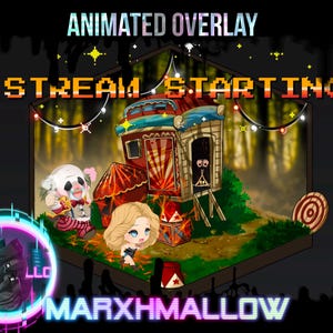 May include: Animated overlay with a circus theme, featuring a clown, a woman, and a small circus tent. The text "STREAM STARTING" is displayed in pixelated font. The overlay includes the text "ANIMATED OVERLAY" and the name "MARXHMALLOW".