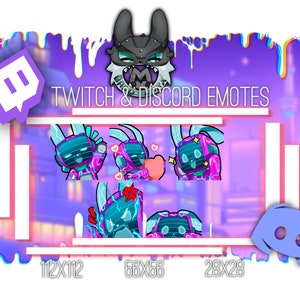May include: A set of five Twitch and Discord emotes featuring a blue and pink robot bunny with different expressions. The emotes are in various sizes, including 112x112, 56x56, and 28x28 pixels.