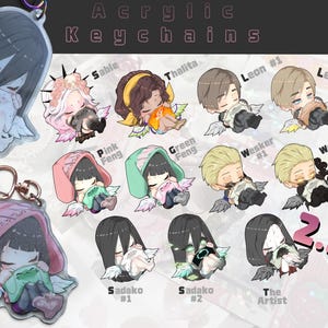 May include: A collection of 2.5-inch acrylic keychains featuring chibi-style characters with wings, including Sable, Thalita, Leon, Feng, Wesker, Sadako, and The Artist. Each character is depicted in a sleeping pose, with various hair and clothing colours.