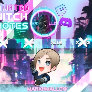 Op de afbeelding: Geanimeerde Twitch-emotes met een neonroze en blauwe achtergrond. De emotes hebben de vorm van een persoon met een gelukkige uitdrukking. De tekst "ANIMATED TWITCH EMOTES" staat bovenaan de afbeelding. De tekst "MARXHMALLOW" staat onderaan de afbeelding.