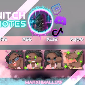 May include: A digital art graphic featuring Twitch emotes. The image includes the text "Twitch Emotes" in a teal and white font, along with various social media icons. Below are four different emote designs of a person with glasses.