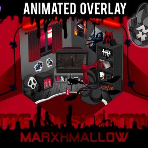 Puede incluir: Una superposición animada de Twitch roja y negra con el texto "ANIMATED OVERLAY" y "MARXHMALLOW" en una fuente en blanco y negro. La superposición presenta un personaje de dibujos animados en blanco y negro con orejas rojas y un fondo en blanco y negro con un borde rojo y negro.