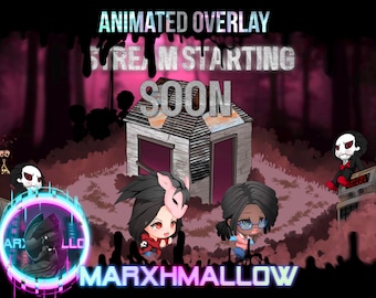 Puede incluir: Superposición animada con el texto "Stream Starting Soon" en blanco, sobre un fondo rosa y negro. El diseño presenta personajes de dibujos animados y una pequeña casa. El texto "MARXHMALLOW" está en la parte inferior.