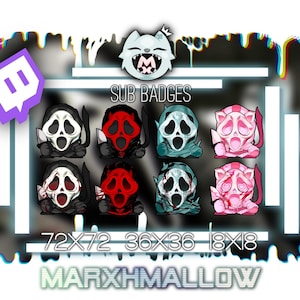 May include: A set of eight Twitch sub badges featuring a cartoon character with a scream mask. The badges are in four different sizes: 72x72, 36x36, and 18x18. The text "SUB BADGES" and "MARXHMALLOW" are also visible.