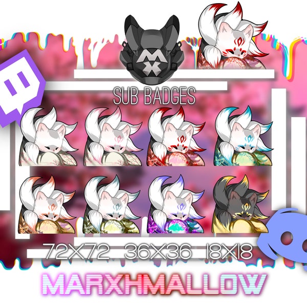 9 Tail Demon Fox Kitsune Sub badges for Twitch Kawaii twitch sub badges Kitsune  emotes for twitch and discord