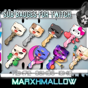 Kitty Key Sub badges for Twitch Kawaii twitch sub badges and emotes Cat keys badges for twitch