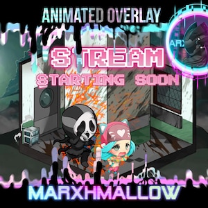 Op de afbeelding: Geanimeerde overlay met een roze en blauwe kleurschema. De tekst "STREAM STARTING SOON" wordt weergegeven in een gepixelde lettertype. De overlay bevat een cartoonfiguur met een roze hoed en blauw haar, en een zwart-wit cartoonfiguur met een schedelmasker. De tekst "MARXHMALLOW" wordt onderaan de overlay weergegeven.