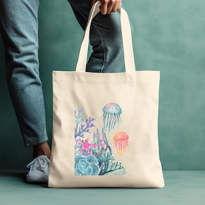 Ocean Kids Library Bag, Jelly Fish Book Bag, Gift for Readers, Fish Canvas Tote, Library Bag, Beach Gift, Ocean Book Bag