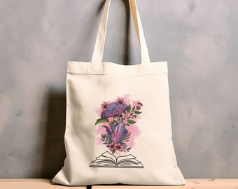 Cottagecore Tote Bag, Mushroom Book Bag, Gift for Readers, Crystals Tote, Library Canvas Bag, Mushroom Gift, Floral Book Bag
