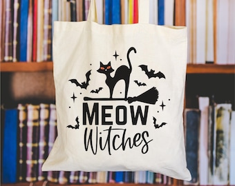 Halloween Cat Tote, Cat Tote Bag, Cat Lovers Gift, Black Cat Tote Bag, Halloween Treat Bag, Halloween Tote Bag, Trick or Treat Bag