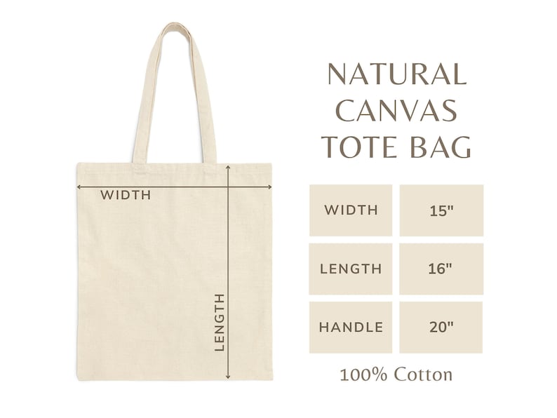 Puede incluir: Una bolsa de lona natural con medidas para el ancho, la longitud y el asa. La bolsa tiene 15 pulgadas de ancho, 16 pulgadas de largo y un asa de 20 pulgadas. La bolsa est&aacute; hecha de 100% algod&oacute;n.