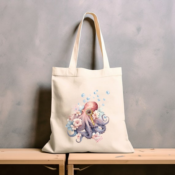 Octopus Tote Bag, Octopus Library Bag, Gift for Readers, Streampunk Tote, Canvas Book Bag, Octopus Gift, Ocean Book Bag