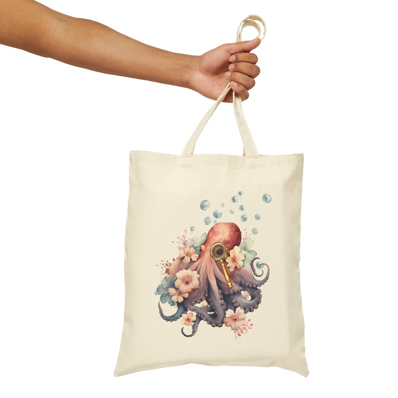 Bolsa de pulpo, bolsa de biblioteca de pulpo, regalo para lectores, bolsa de tela estilo streampunk, bolsa de libros, regalo de pulpo, bolsa de libros oceánica imagen 3