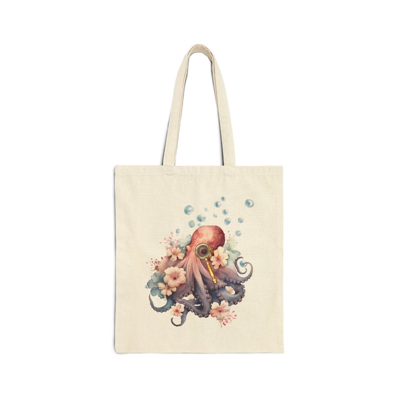 Bolsa de pulpo, bolsa de biblioteca de pulpo, regalo para lectores, bolsa de tela estilo streampunk, bolsa de libros, regalo de pulpo, bolsa de libros oceánica imagen 2