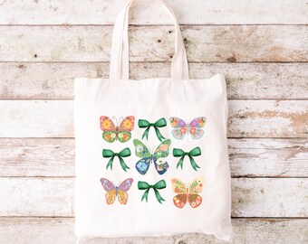 Vintage Butterfly Bow Tote Bag, Fairycore Bag, Cottagecore Aesthetic, Coquette Tote, Nature Lover Gift, Boho Bag, Botanical Tote Bag