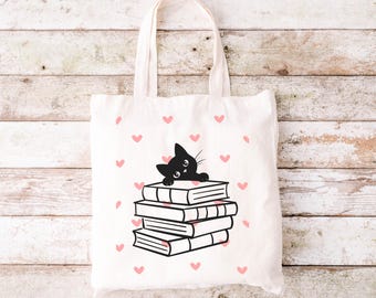 Bolsa para amantes de los libros, regalo para mamá gatuna, regalo para amantes de los libros, bolsa de gato negro, bolsa de biblioteca, bolsa de lectura, bolsa para amantes de los libros, regalo de San Valentín con gatos.