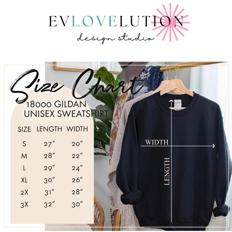 May include: Size chart for a unisex Gildan sweatshirt. The chart shows the size, length in inches, and width in inches. The sizes are S, M, L, XL, 2X, and 3X.
