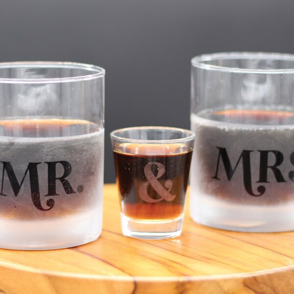 Mr. & Mrs. Cocktail Glass Set for Valentines Day - 12oz Lowball Rocks glasses + 2oz Shot Glass - Gift for Wedding, Anniversary, Engagement