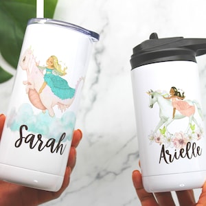 Custom Unicorn Princess & Dragon Personalized Tumbler with Straw or Sports Flip Cap - Great Valentines Gift, Birthday Gift, or Party Favors