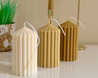Hand Poured Ribbed Pillar Candle: Unscented Soy Wax, Boho Home Decor