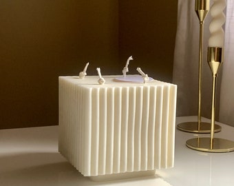 Ribbed Cube Candle: Large Soy Sculpture Candle, Boho Home Decor