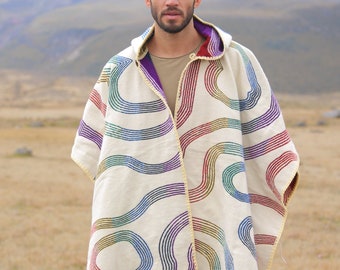 Colorful Poncho, Rainbow, Reversible With Hood.
