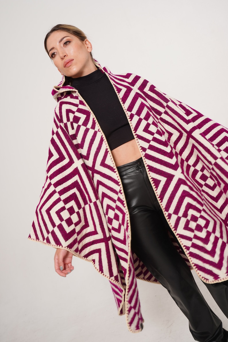 Poncho With Hood, Andean, Chunky. Hooded Poncho Raymi Fucshia