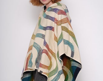 Colorful Poncho, Rainbow, Reversible With Hood.