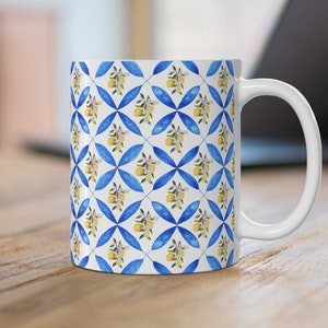 This is Ceramic 11oz mug with a design of Mediterranean blue tile and lemon which gives you the sense of Italian vibe. This is a trendy coffee mug because of the Italian design & style. This Cute coffee mug is a perfect gift for your loved ones.