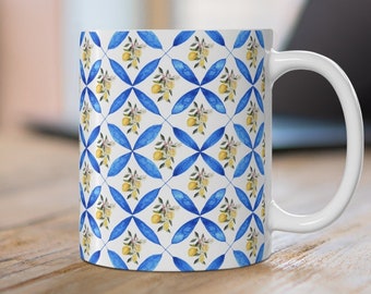 Mug méditerranéen avec carreaux bleus de Sicile et tasse à café esthétique vintage citron pour cuisine côtière, tasse à café côtière pour cadeau