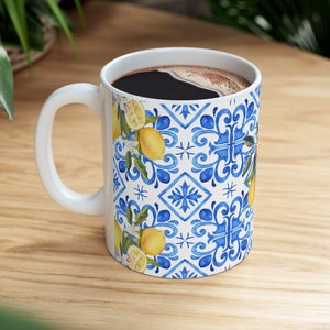 Vibrant Mediterranean Blue Tile & Lemon Mug Unique Ceramic Coffee Cup for Gifts Italian Coastal Kitchen Decor, Trendy Mediterranean Mug image 2