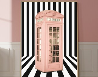 Aesthetic Pink Telephone Booth Art Retro Background Poster Printed Vintage Wall Art Black and White Decor Modern Artwork Nostalgic Art Print