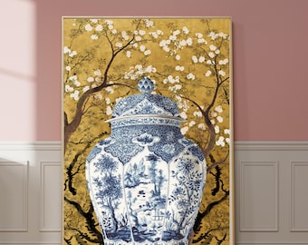 Limited Edition Gold Aesthetic Poster for Vintage Maximalism Home Decor with Japanese Floral Art & Toile de Jouy Design Eclectic Wall Decor