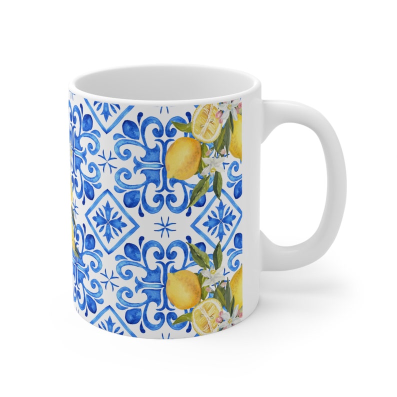Vibrant Mediterranean Blue Tile & Lemon Mug Unique Ceramic Coffee Cup for Gifts Italian Coastal Kitchen Decor, Trendy Mediterranean Mug image 5