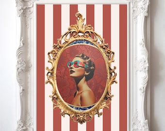 Art Deco Female Portrait Poster Printed, Burgandy and Gold Vintage Glam Wall Art
