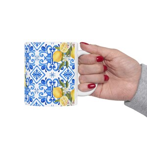 Vibrant Mediterranean Blue Tile & Lemon Mug Unique Ceramic Coffee Cup for Gifts Italian Coastal Kitchen Decor, Trendy Mediterranean Mug image 6