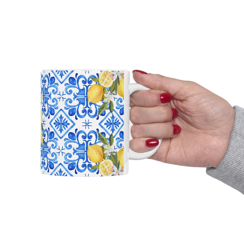 Vibrant Mediterranean Blue Tile & Lemon Mug Unique Ceramic Coffee Cup for Gifts Italian Coastal Kitchen Decor, Trendy Mediterranean Mug image 6